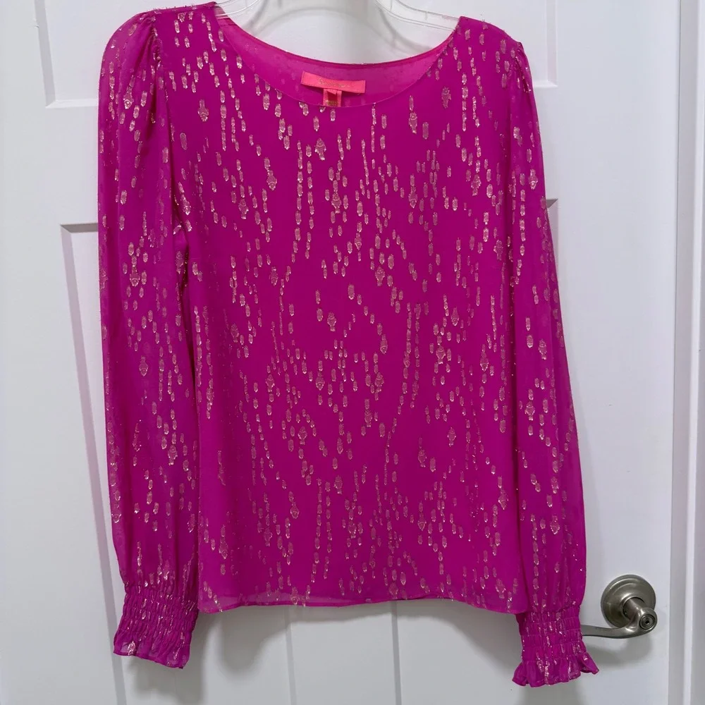 Lilly Pulitzer Pink Gold Metallic Silk Blend Smocked Puff Sleeve Blouse Medium